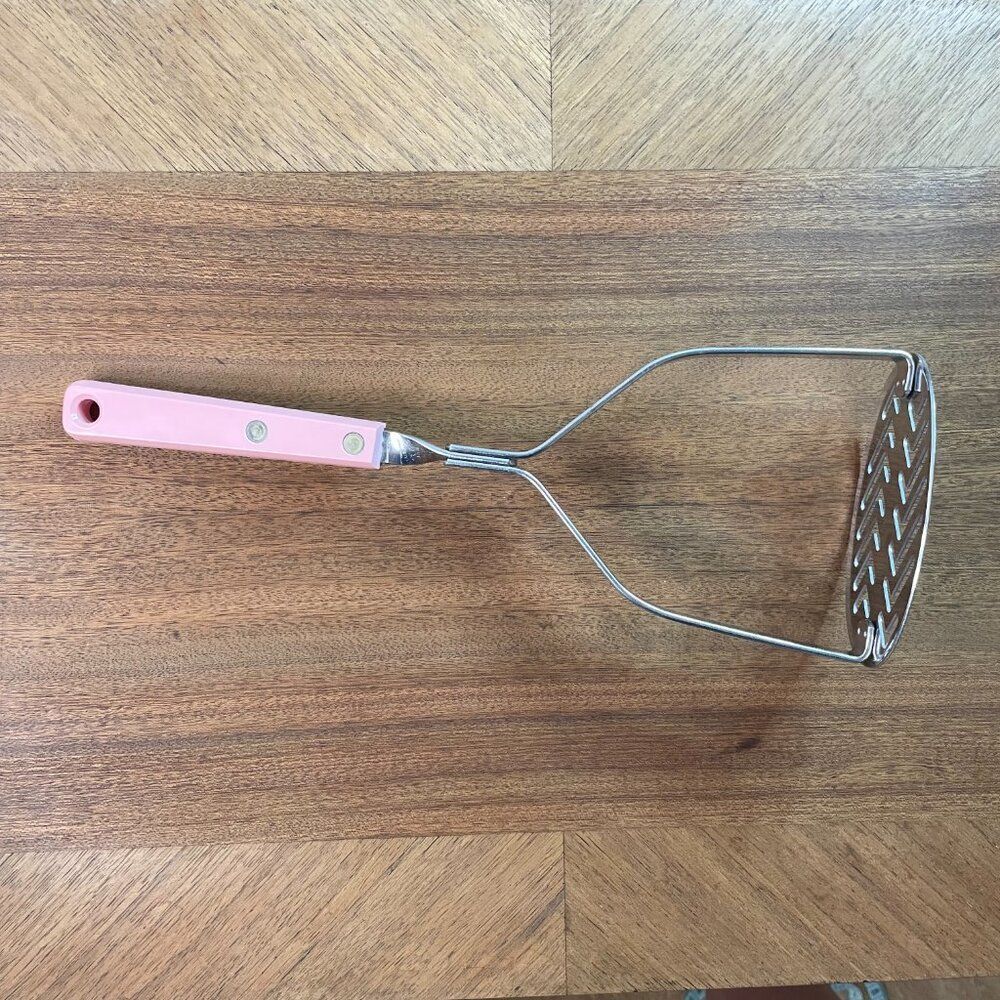 Vintage Potato Masher Pink Handle Ecko Forge USA Stainless Steel Retro